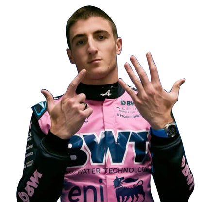 2025 Jack Doohan BWT Alpine F1 Race Suit in pink and black livery front view standing hands together