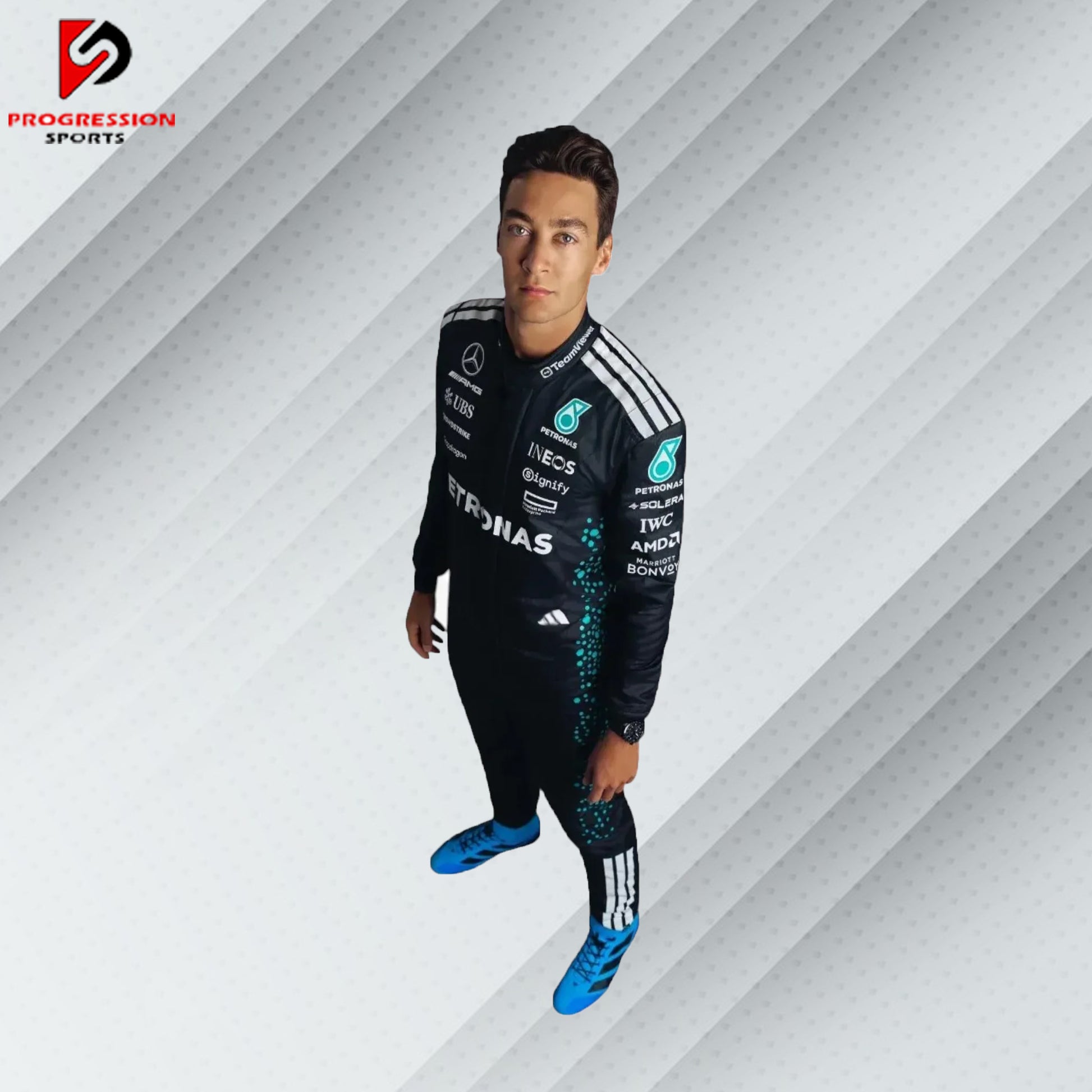 2025 George Russell Mercedes F1 race suit in updated black design with Petronas, AMG, and Mercedes-Benz sponsor logos


