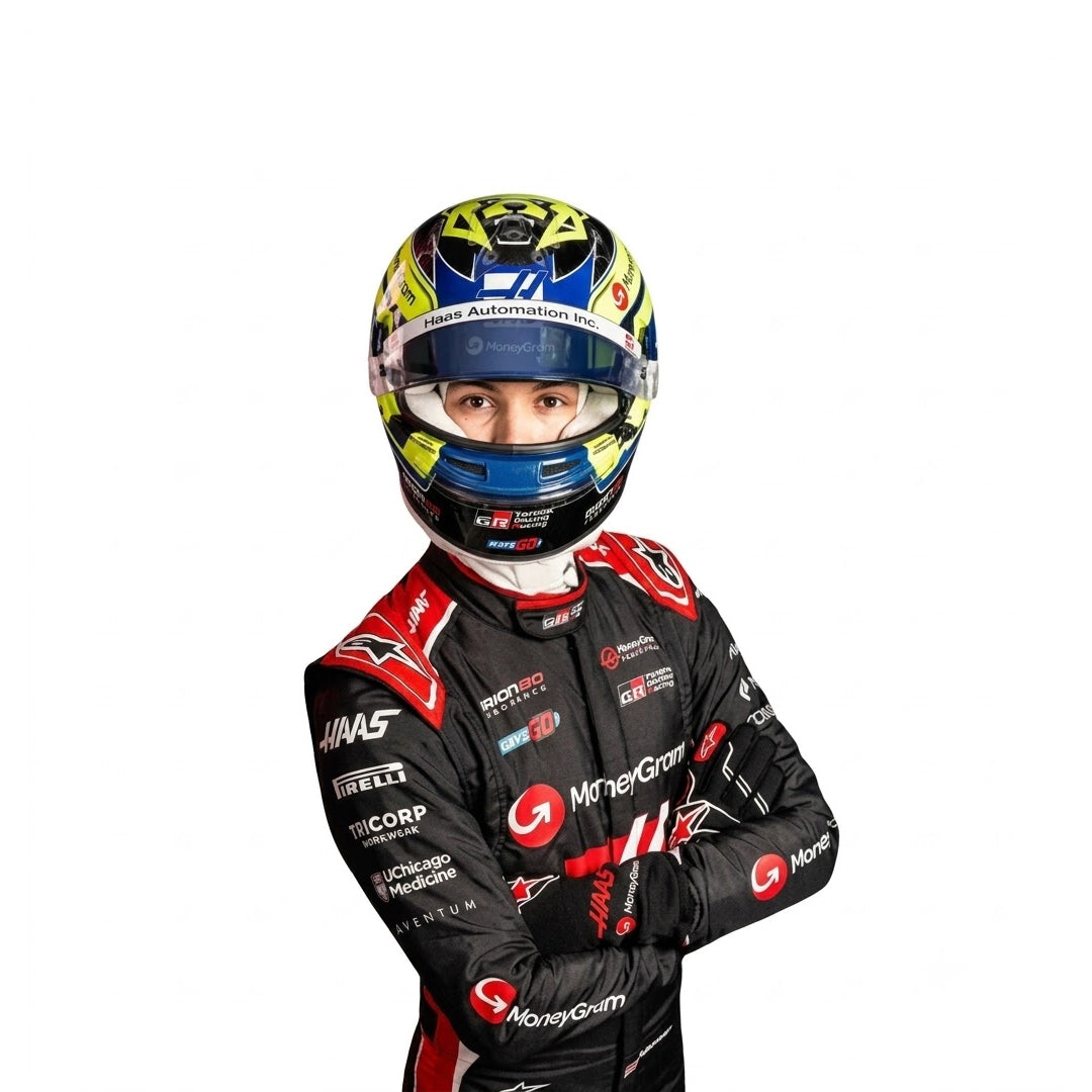 Haas F1 style karting suit with Ollie Bearman British driver number 87 thigh detail