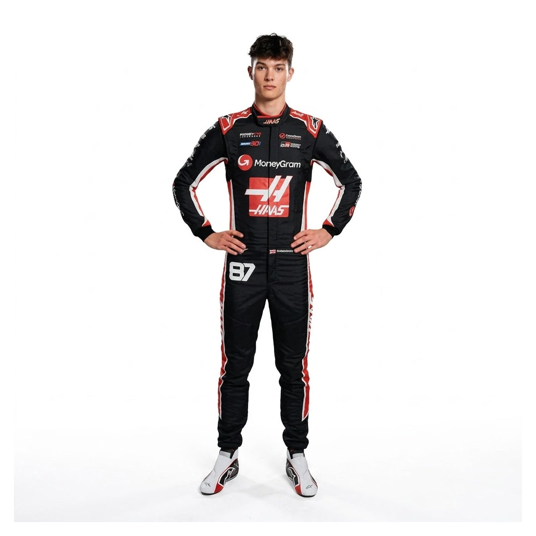 2025 Ollie Bearman Haas F1 Race Suit in black red and white standing full length view