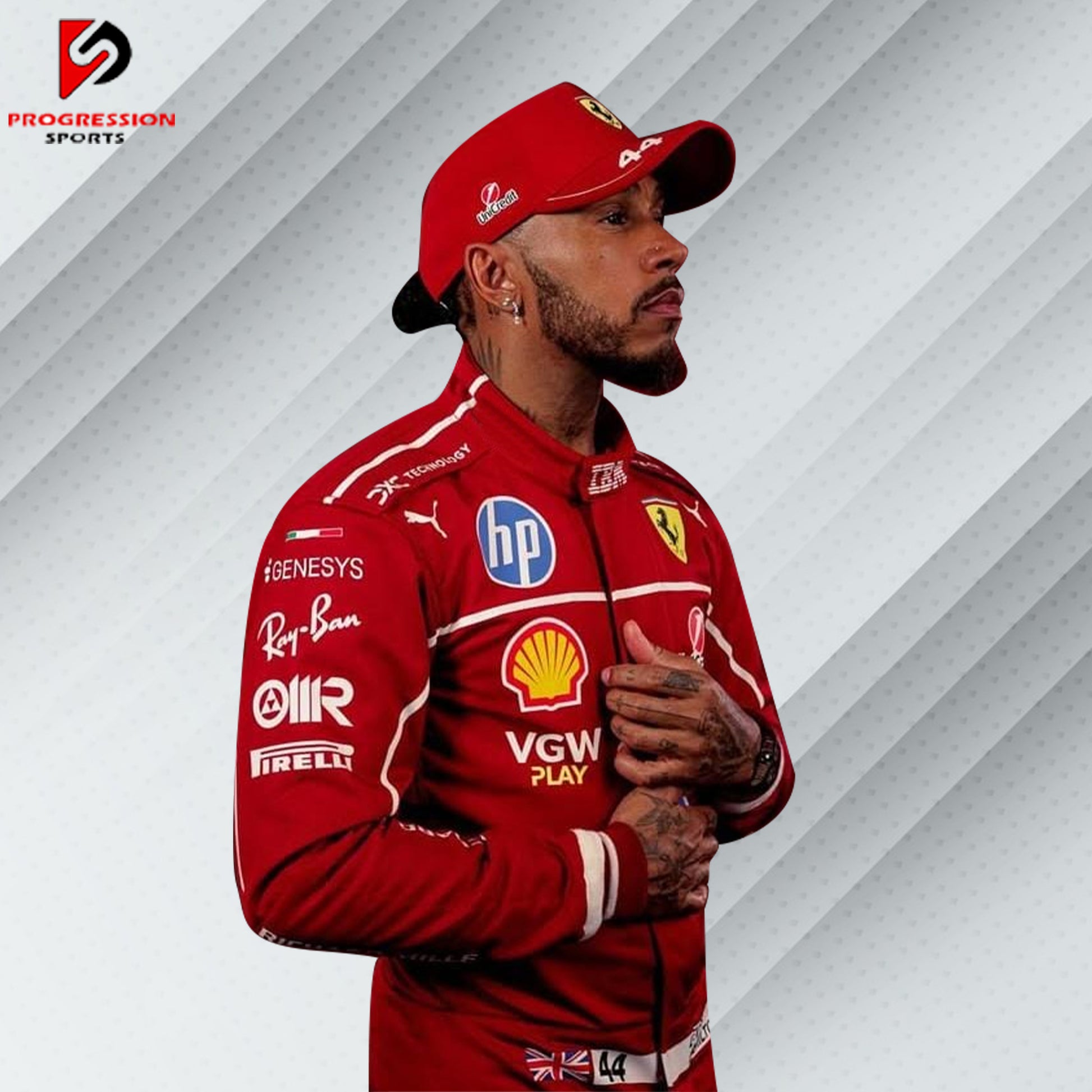 2025 Lewis Hamilton Ferrari F1 race suit in signature red with official Scuderia Ferrari sponsor logos including Shell and Santander

