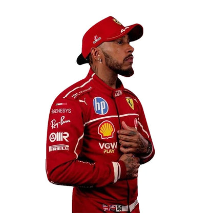 2025 Lewis Hamilton HP Ferrari F1 Race Suit Set featuring red race suit, red driver t-shirt with number 44 back print, and black balaclava