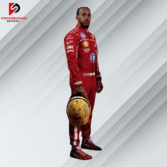 2025 Lewis Hamilton Ferrari F1 race suit in signature red with official Scuderia Ferrari sponsor logos including Shell and Santander

