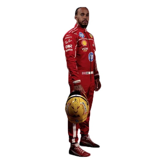 Person wearing a red racing suit with various sponsor logos, holding a helmet.