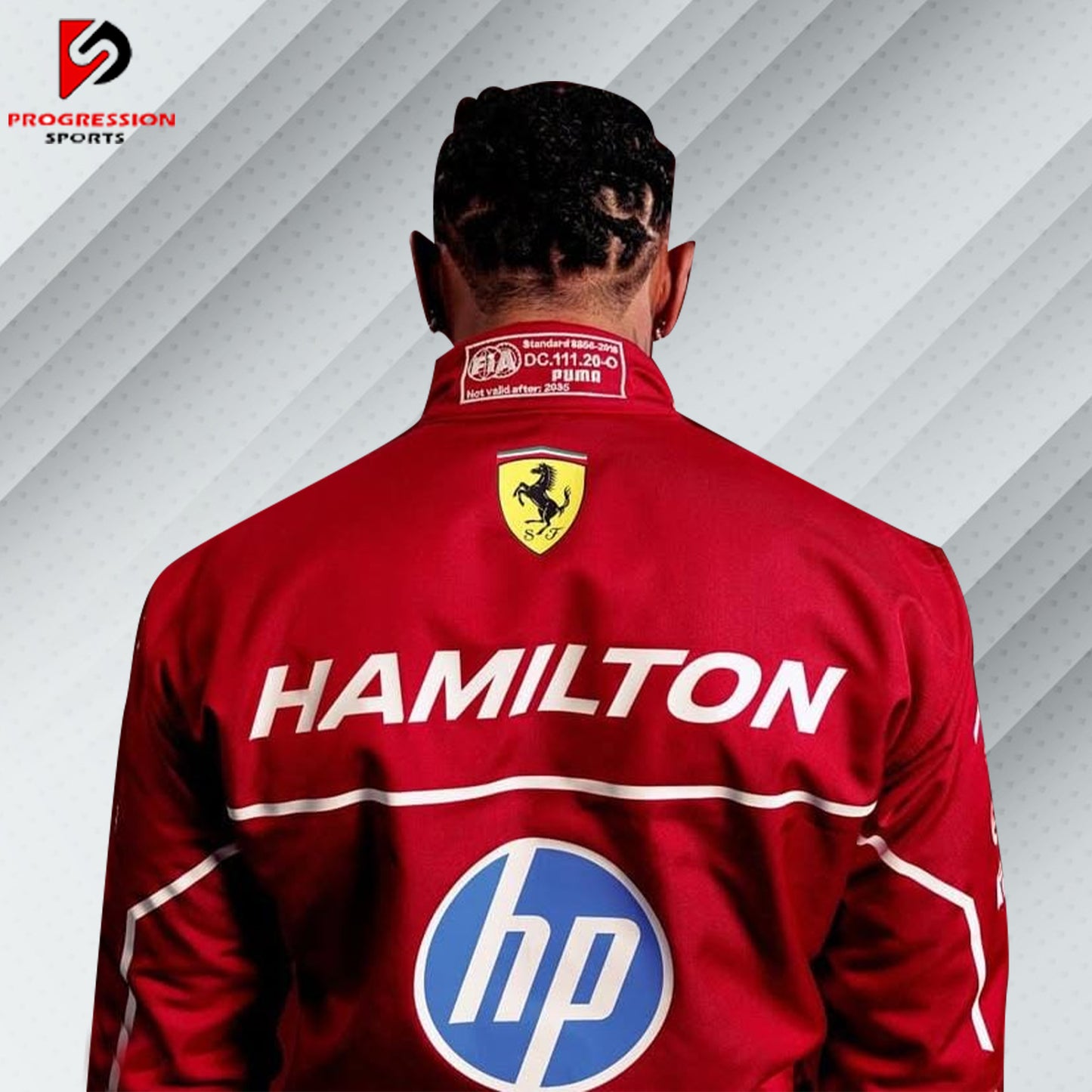 2025 Lewis Hamilton Ferrari F1 race suit in signature red with official Scuderia Ferrari sponsor logos including Shell and Santander

