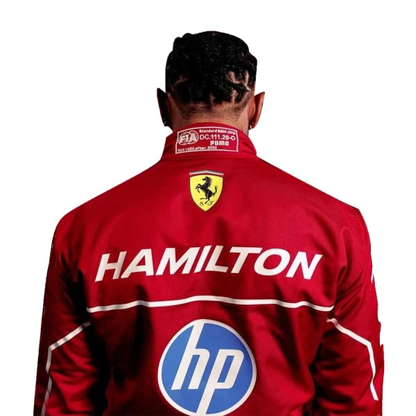2025 Lewis Hamilton HP Ferrari F1 Race Suit Set featuring red race suit, red driver t-shirt with number 44 back print, and black balaclava