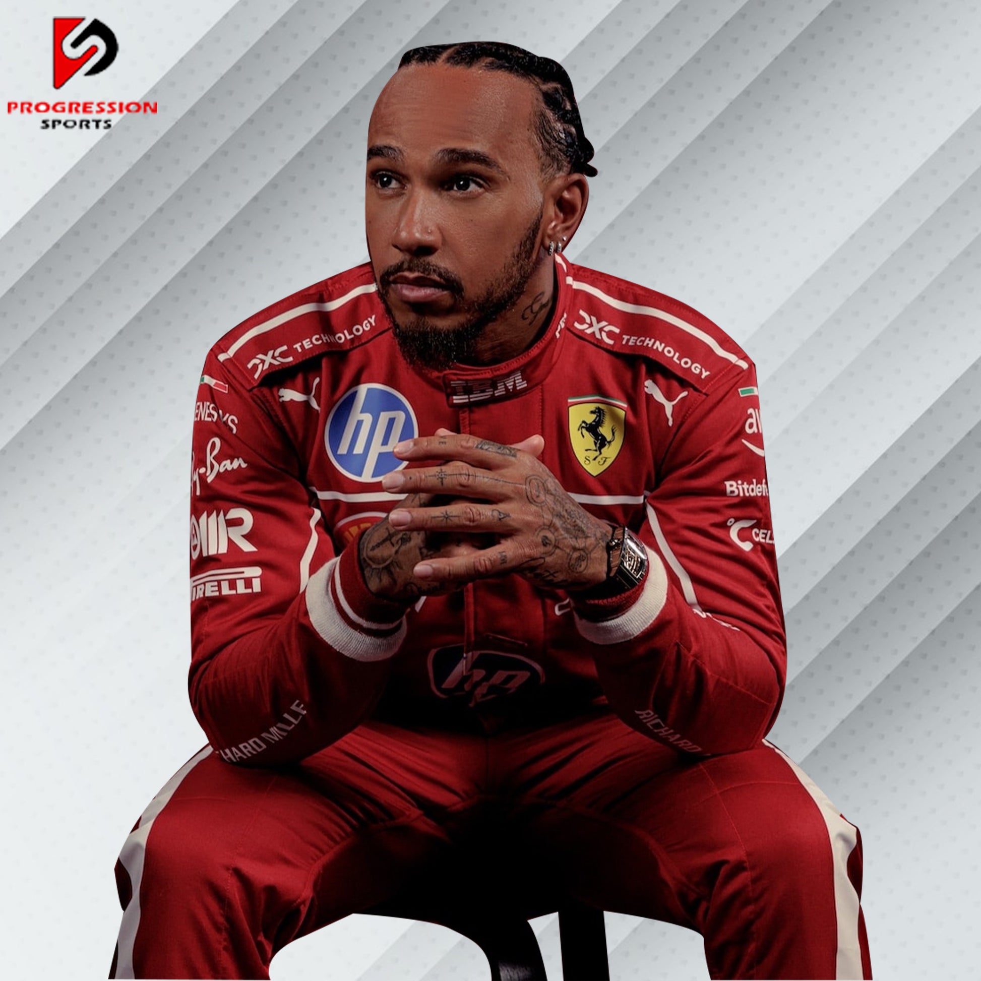 2025 Lewis Hamilton Ferrari F1 race suit in signature red with official Scuderia Ferrari sponsor logos including Shell and Santander

