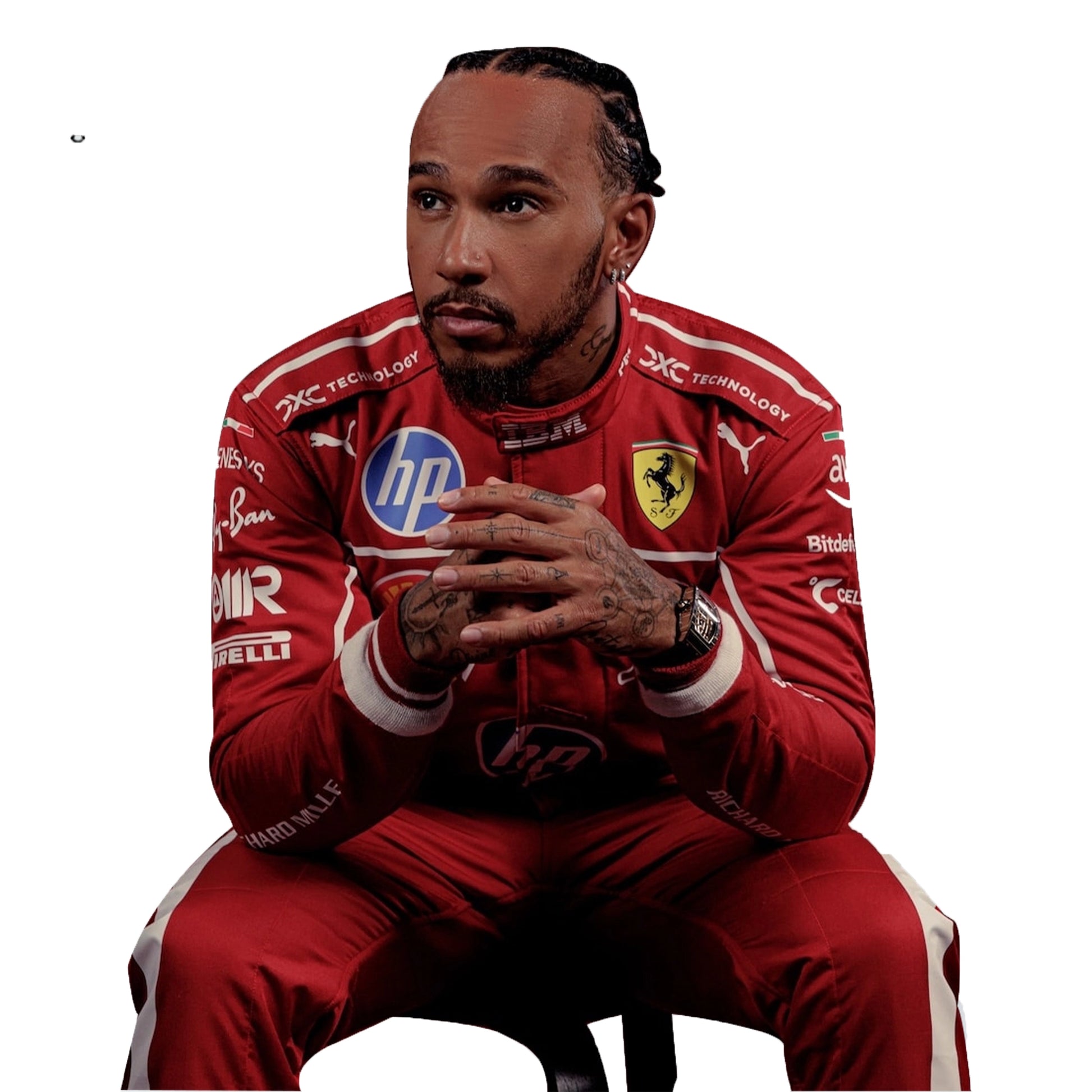Person wearing a red racing suit with various sponsor logos on a white background
