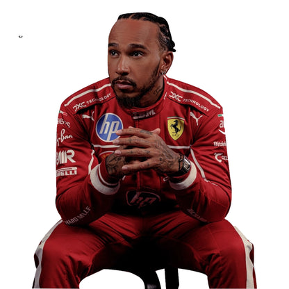 Person wearing a red racing suit with various sponsor logos on a white background