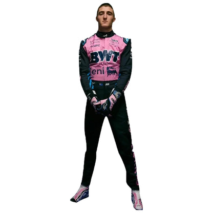 2025 Jack Doohan BWT Alpine F1 Race Suit in pink and black livery front view standing hands together