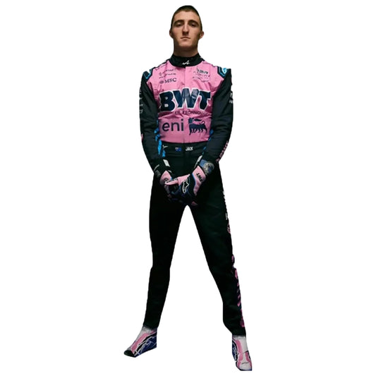 2025 Jack Doohan BWT Alpine F1 Race Suit in pink and black livery front view standing hands together