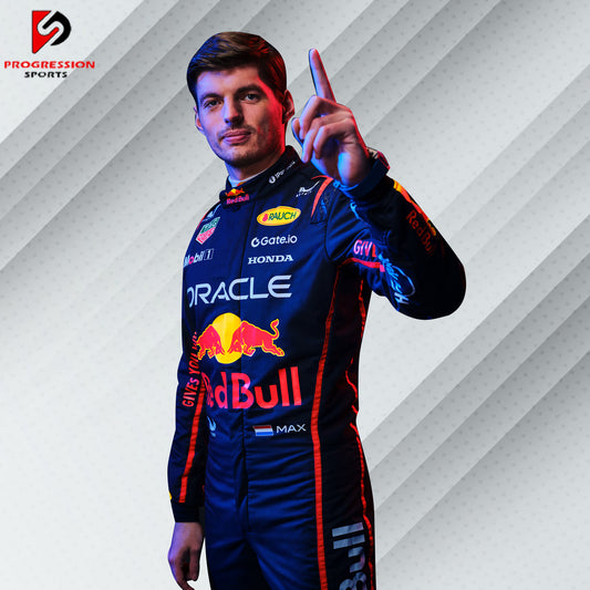 2025 Max Verstappen Red Bull Racing Formula 1 suit featuring the iconic navy blue design with red and yellow accents, adorned with sponsor logos such as Red Bull, Mobil 1, Honda, and Puma.