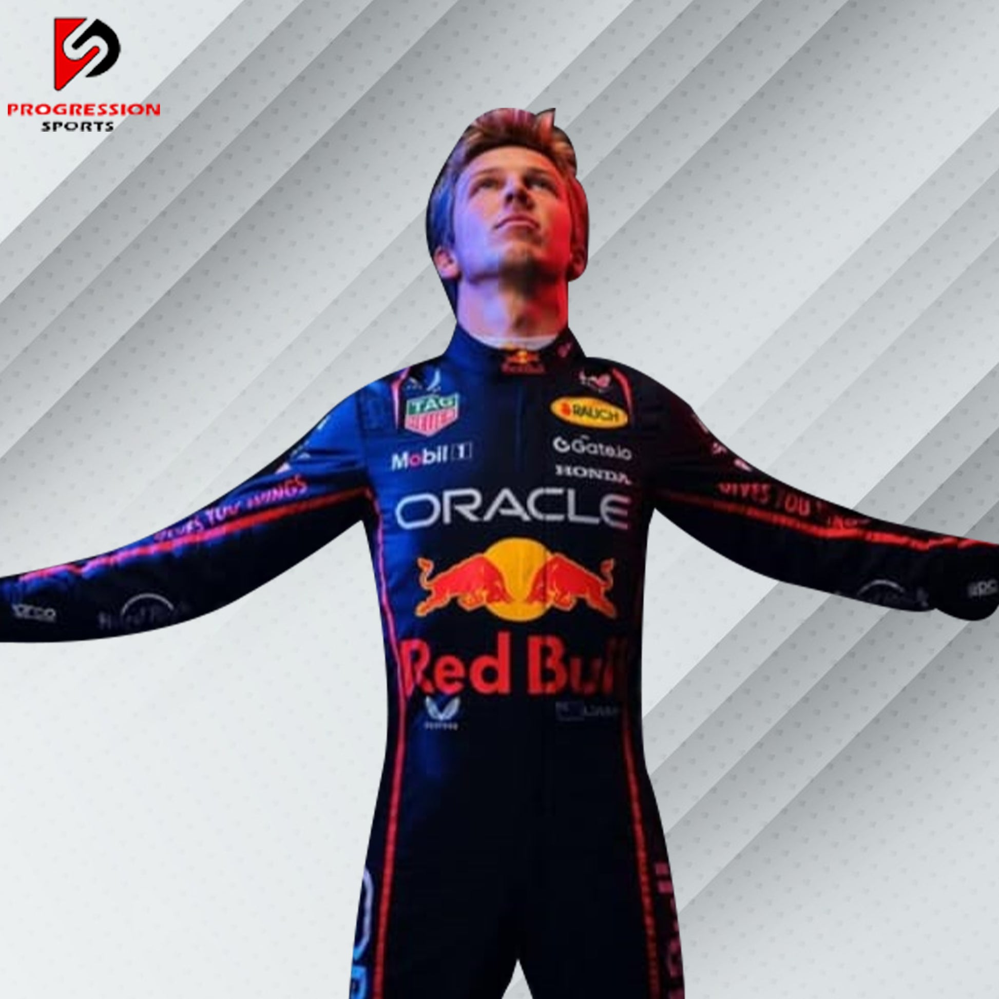2025 Max Verstappen Red Bull Racing Formula 1 suit featuring the iconic navy blue design with red and yellow accents, adorned with sponsor logos such as Red Bull, Mobil 1, Honda, and Puma.