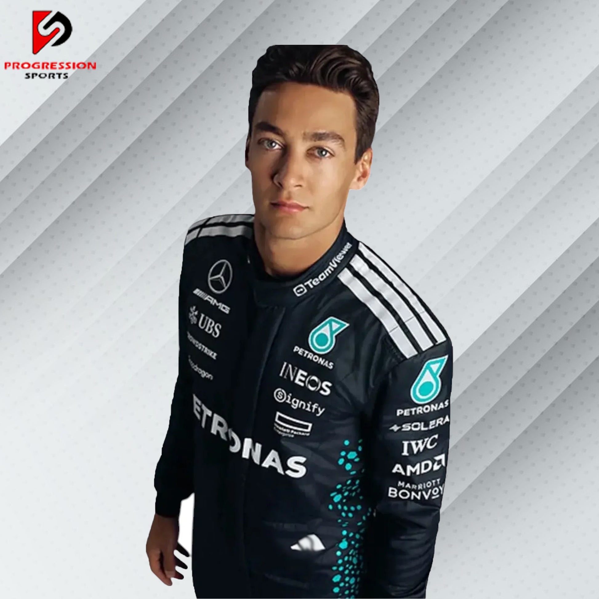 2025 George Russell Mercedes F1 race suit in updated black design with Petronas, AMG, and Mercedes-Benz sponsor logos

