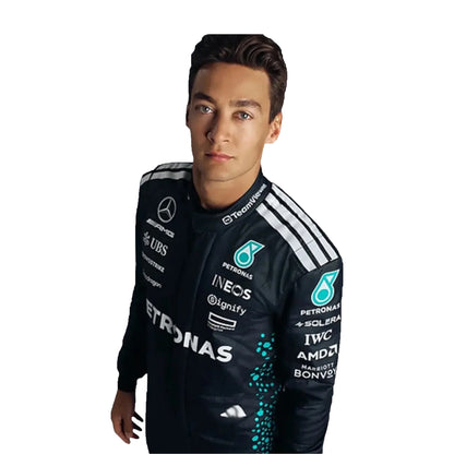 Person wearing a dark racing suit with various sponsor logos on a white background