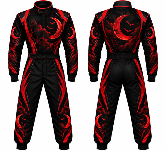 2026 Custom Halloween race suit bat edition front and back view featuring red and black sublimated bat and slash graphics