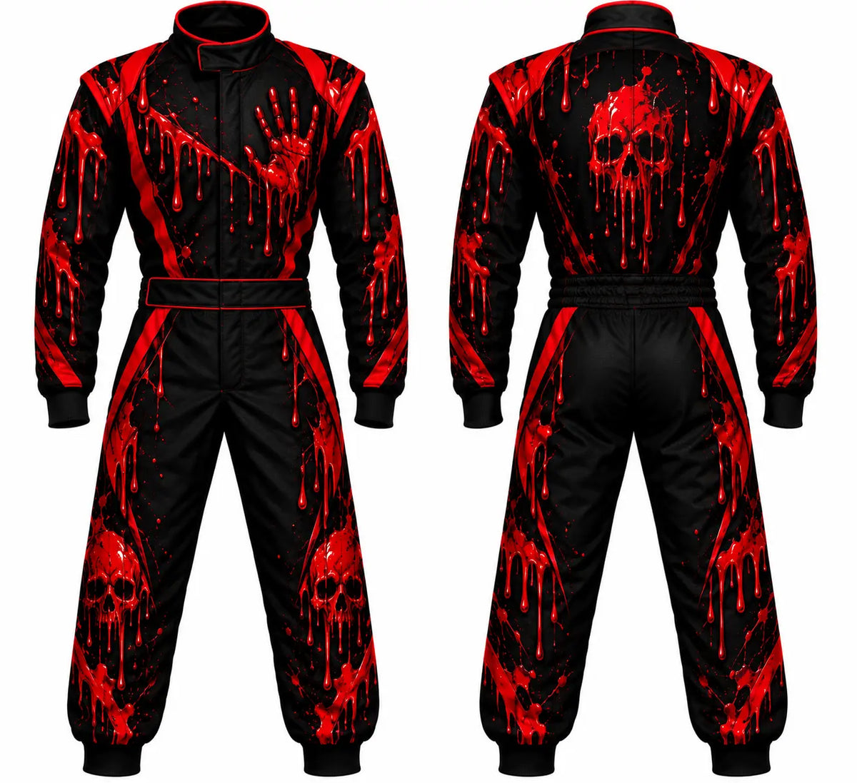 2026 Custom Halloween race suit bloody skull edition front and back view featuring bloody handprint and dripping skull sublimated graphics