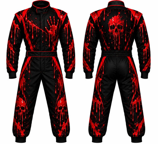 2026 Custom Halloween race suit bloody skull edition front and back view featuring bloody handprint and dripping skull sublimated graphics