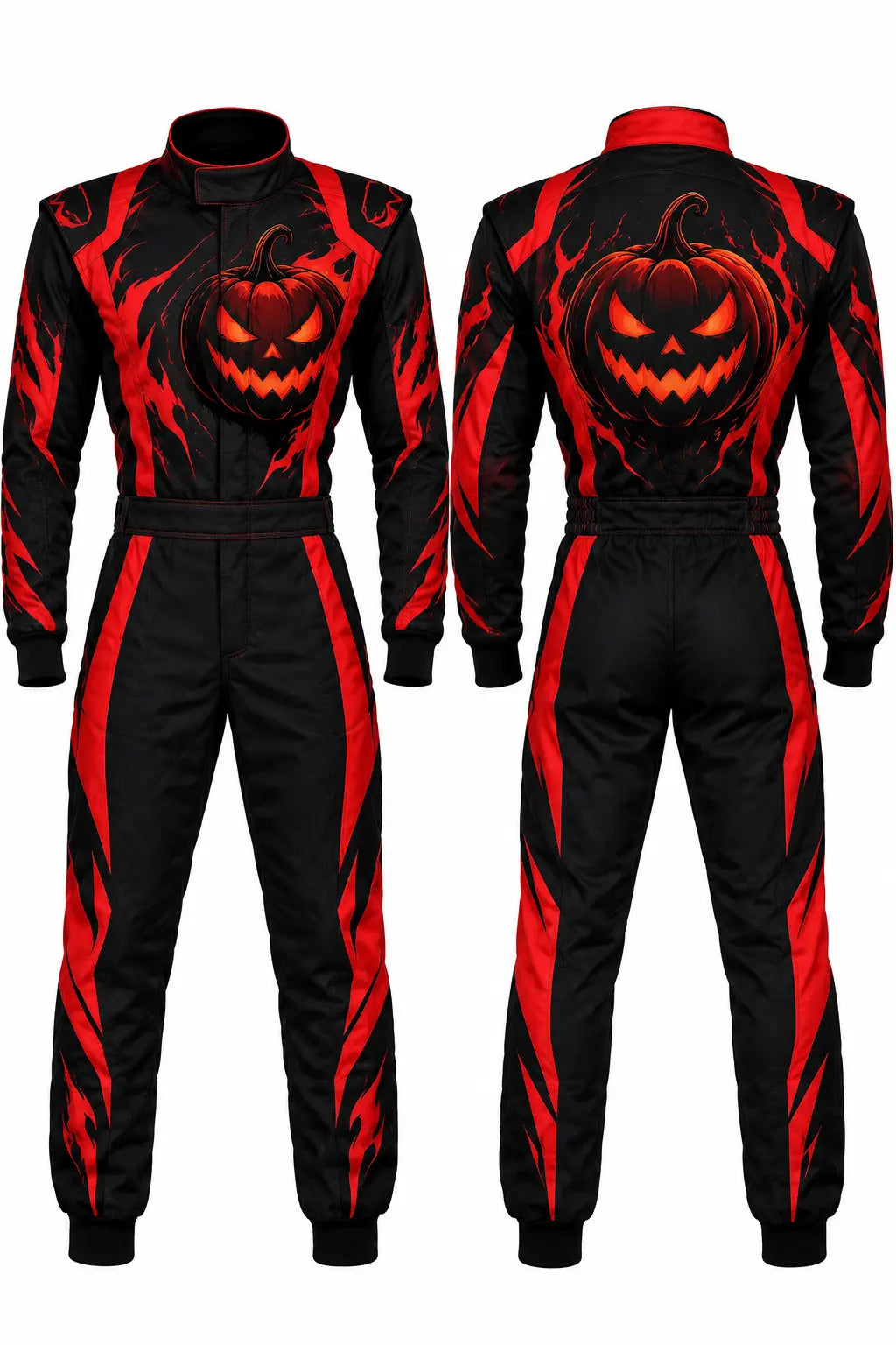 2026 Custom Halloween race suit evil pumpkin edition front and back view featuring fiery red Jack-o'-lantern and flame sublimated graphics