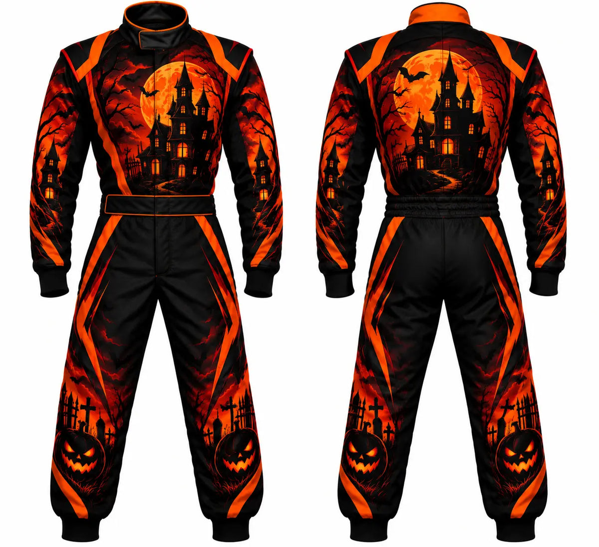 2026 Custom Halloween race suit front and back view featuring orange and black sublimated haunted house and pumpkin graphics