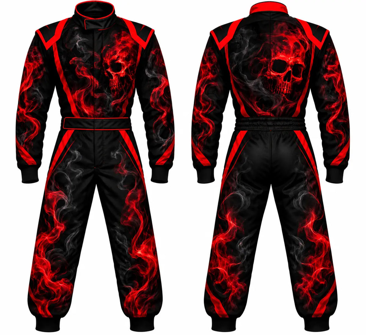 2026 Custom Halloween race suit ghost skull edition front and back view featuring red smoke and phantom skull sublimated graphics