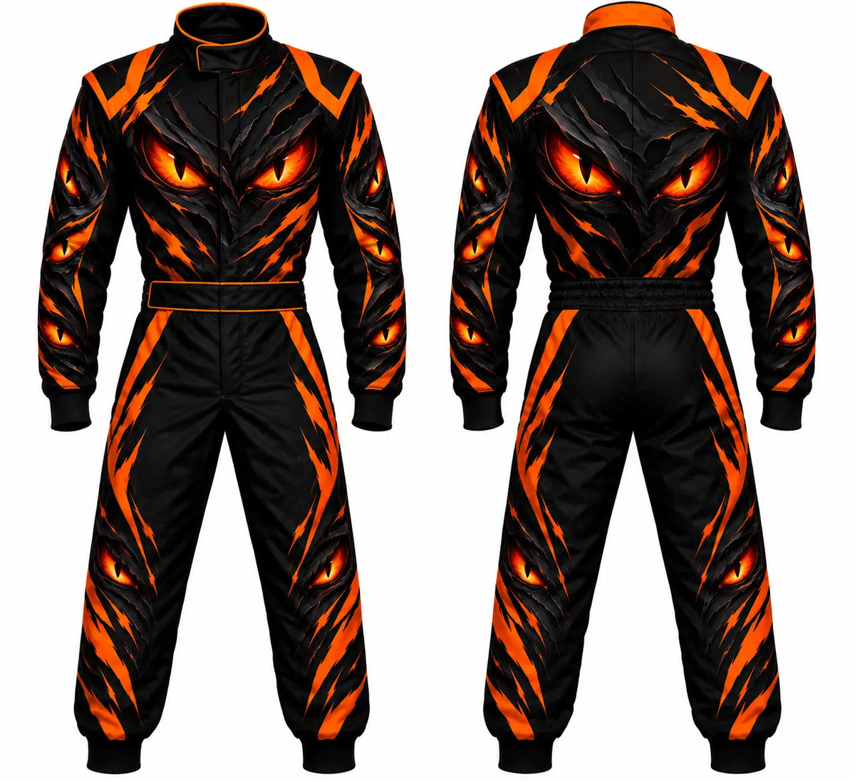 2026 Custom Halloween race suit monster eyes edition front and back view featuring glowing monster eyes and orange slash sublimated graphics