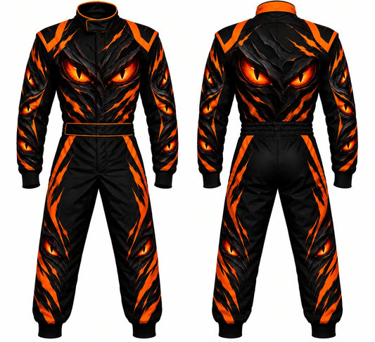 2026 Custom Halloween race suit monster eyes edition front and back view featuring glowing monster eyes and orange slash sublimated graphics