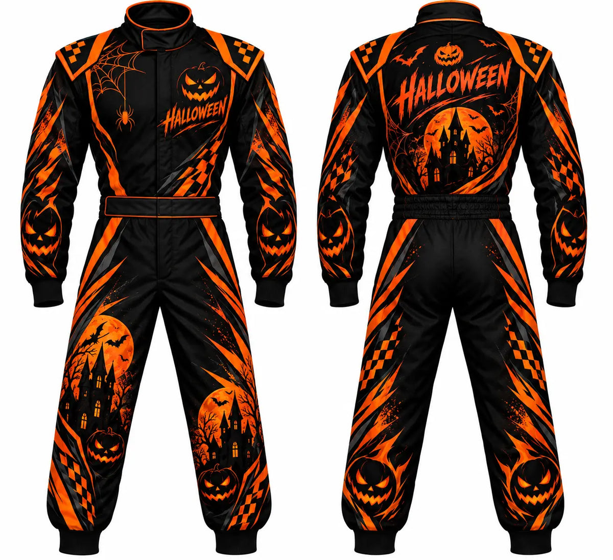 2026 Custom Halloween race suit pumpkin edition front and back view featuring orange Jack-o'-lantern and haunted house sublimated graphics
