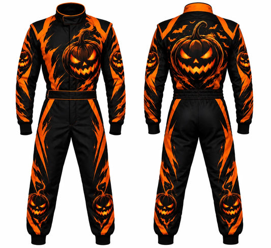 2026 Custom Halloween race suit pumpkin edition front and back view featuring glowing Jack-o'-lantern and bat sublimated graphics