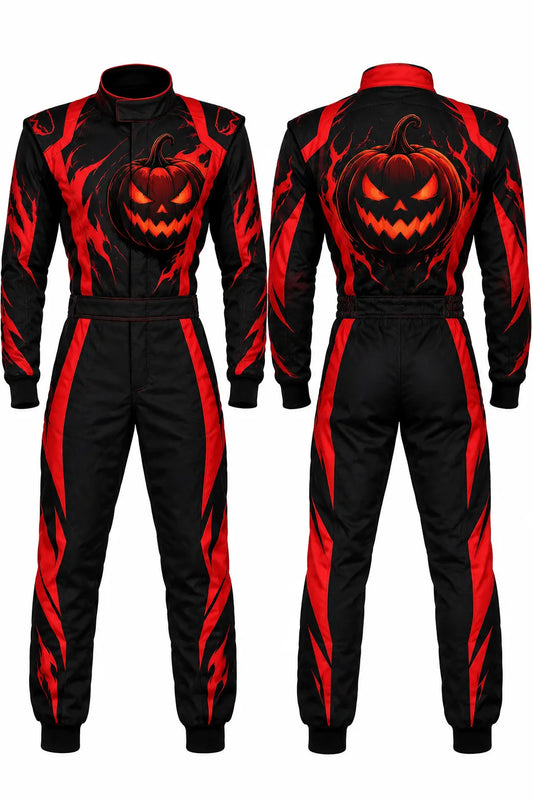 2026 Custom Halloween race suit red pumpkin edition front and back view featuring red Jack-o'-lantern and flame sublimated graphics