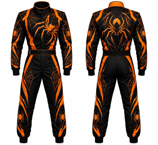 2026 Custom Halloween race suit spider edition front and back view featuring orange and black sublimated spider and web graphics
