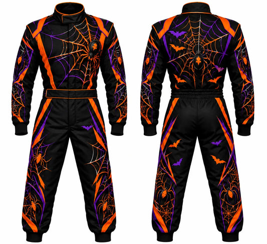 2026 Custom Halloween race suit spider edition front and back view featuring orange and purple sublimated spiderweb graphics