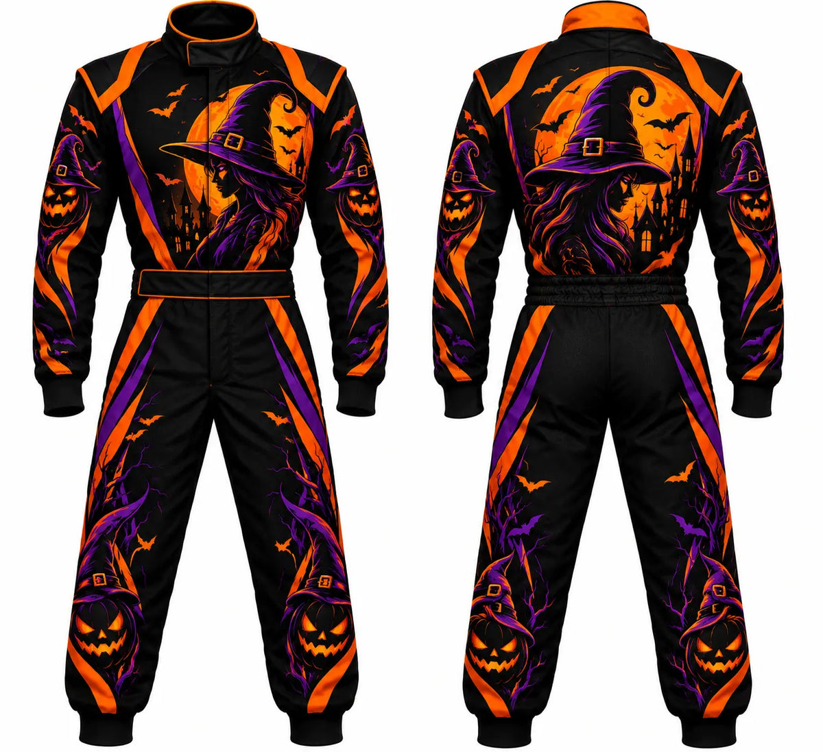 2026 Custom Halloween race suit witch edition front and back view featuring sublimated witch silhouette and Jack-o'-lantern artwork