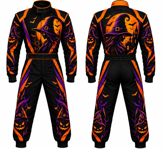 2026 Custom Halloween race suit witch edition front and back view featuring sublimated witch silhouette and Jack-o'-lantern artwork