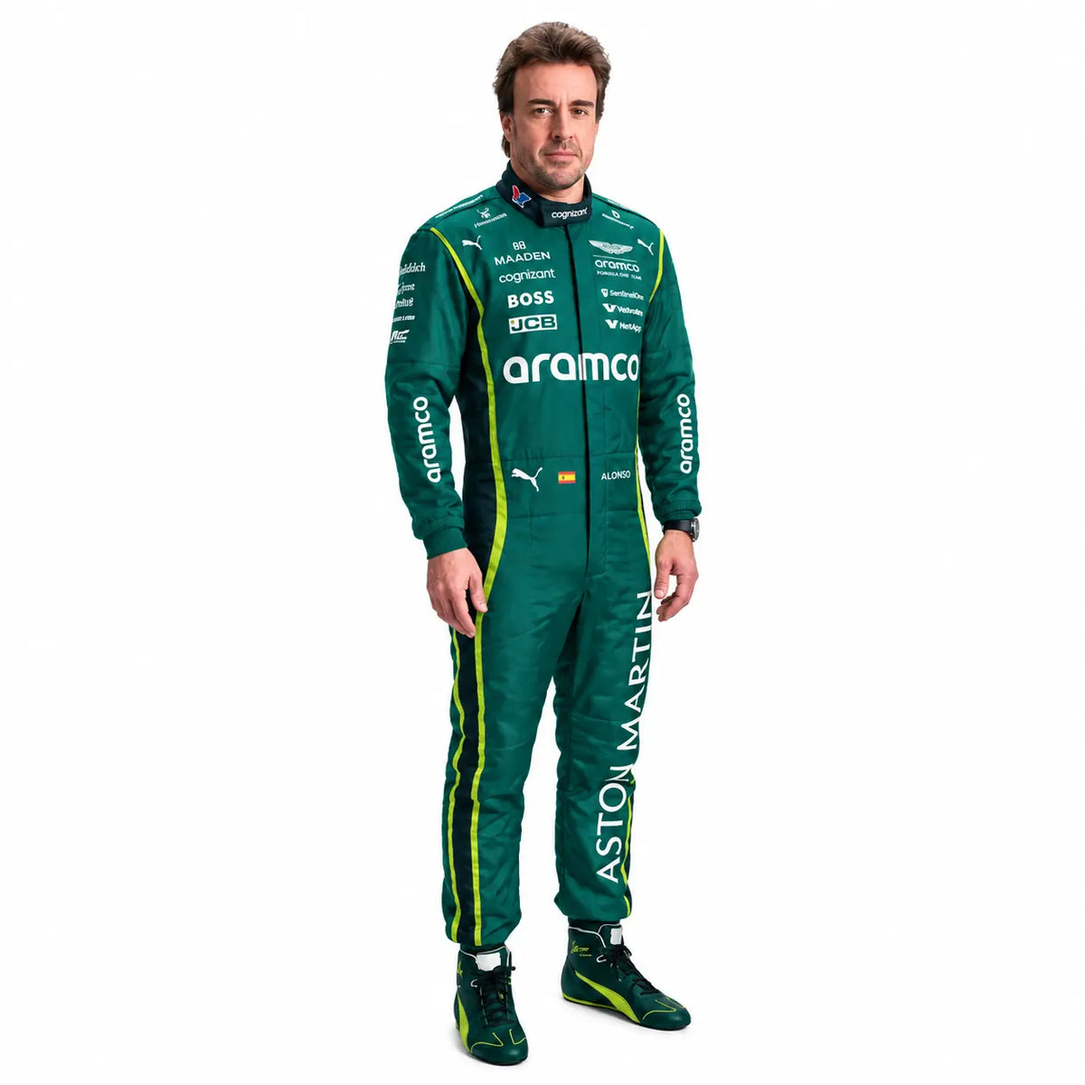 2026 Fernando Alonso Aston Martin F1 race suit front view in British racing green with Spanish flag belt detail and Aramco logo