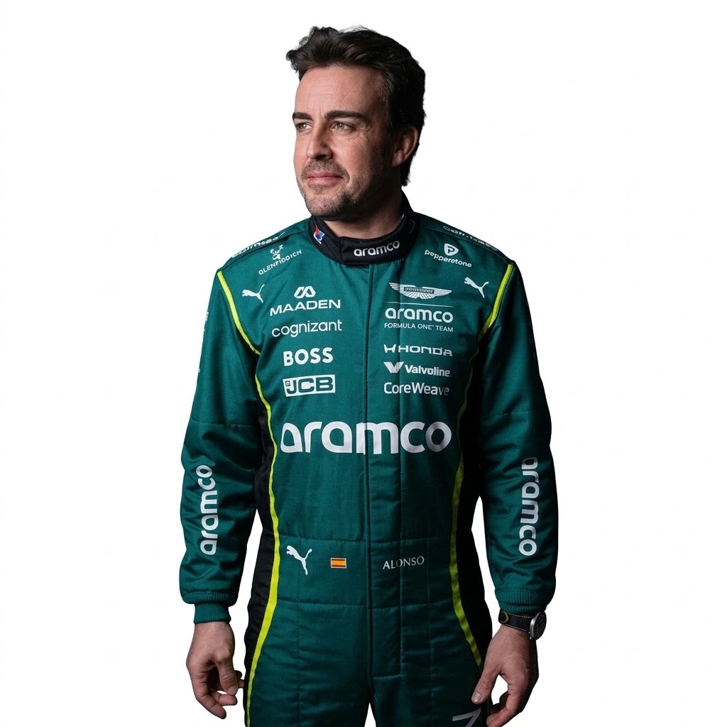 2026 Fernando Alonso Aston Martin F1 race suit front view in British racing green with Spanish flag belt detail and Aramco logo