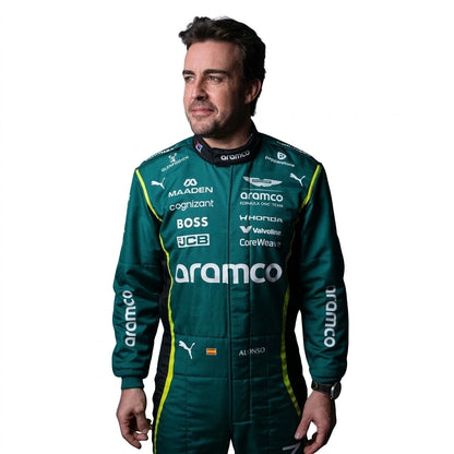 2026 Fernando Alonso Aston Martin F1 race suit front view in British racing green with Spanish flag belt detail and Aramco logo