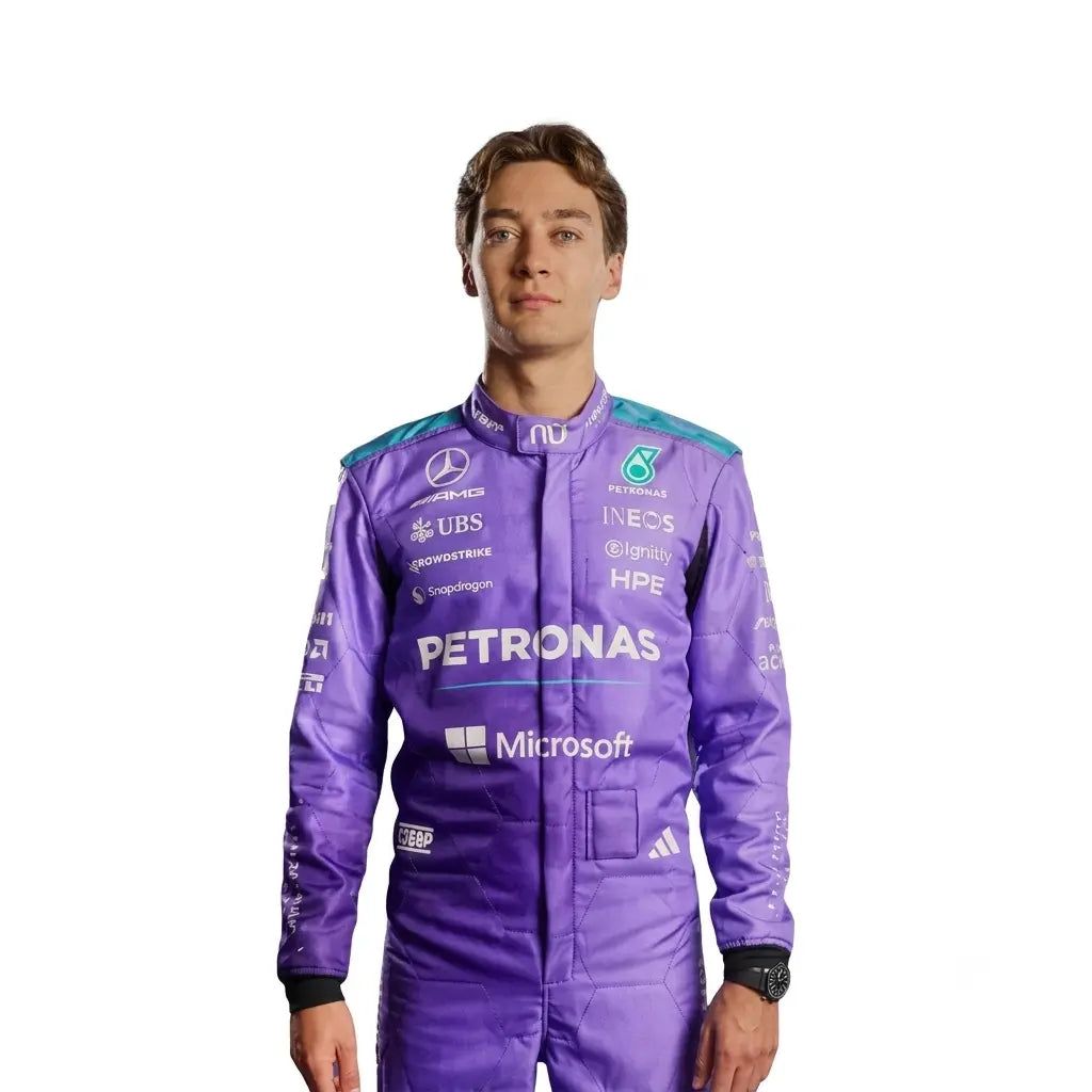 2026 George Russell Purple Mercedes F1 Race Suit featuring deep violet paneling, teal accents, and driver helmet