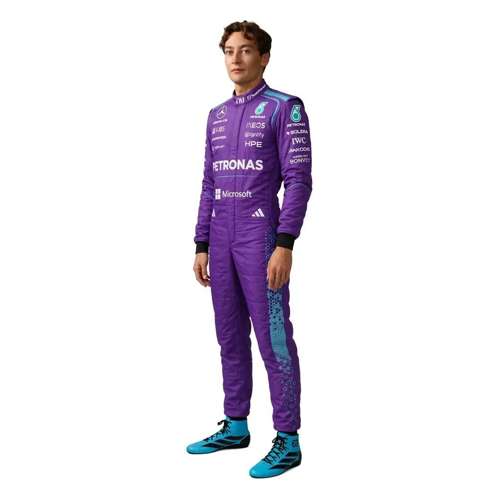 2026 George Russell Purple Mercedes F1 Race Suit featuring deep violet paneling, teal accents, and driver helmet