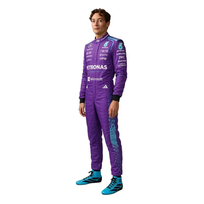 2026 George Russell Purple Mercedes F1 Race Suit featuring deep violet paneling, teal accents, and driver helmet