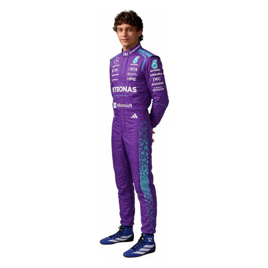 2026 Kimi Antonelli Miami GP Mercedes F1 Race Suit in purple with teal hexagonal side panel pattern