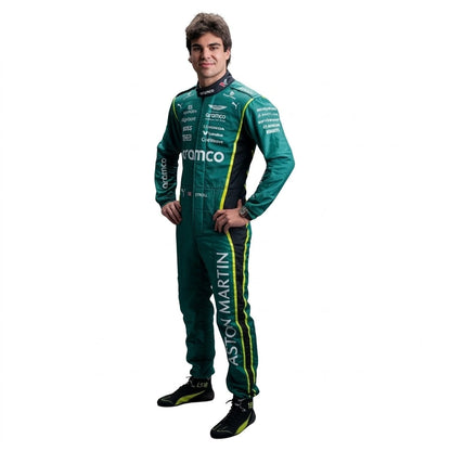 2026 Lance Stroll Aston Martin F1 race suit front view in British racing green with Canadian flag belt detail and Aramco logo