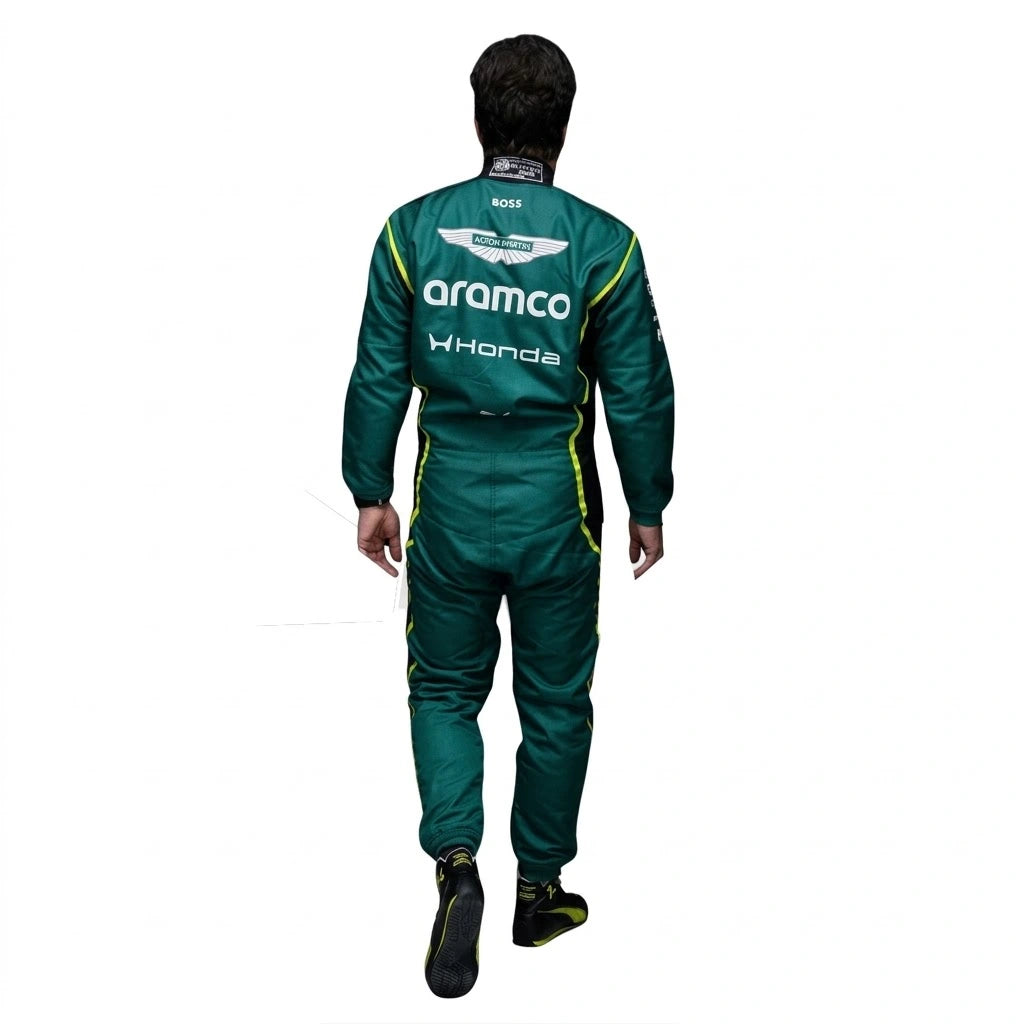 2026 Lance Stroll Aston Martin F1 race suit front view in British racing green with Canadian flag belt detail and Aramco logo