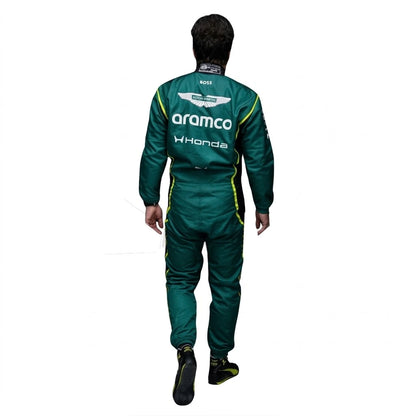 2026 Lance Stroll Aston Martin F1 race suit front view in British racing green with Canadian flag belt detail and Aramco logo