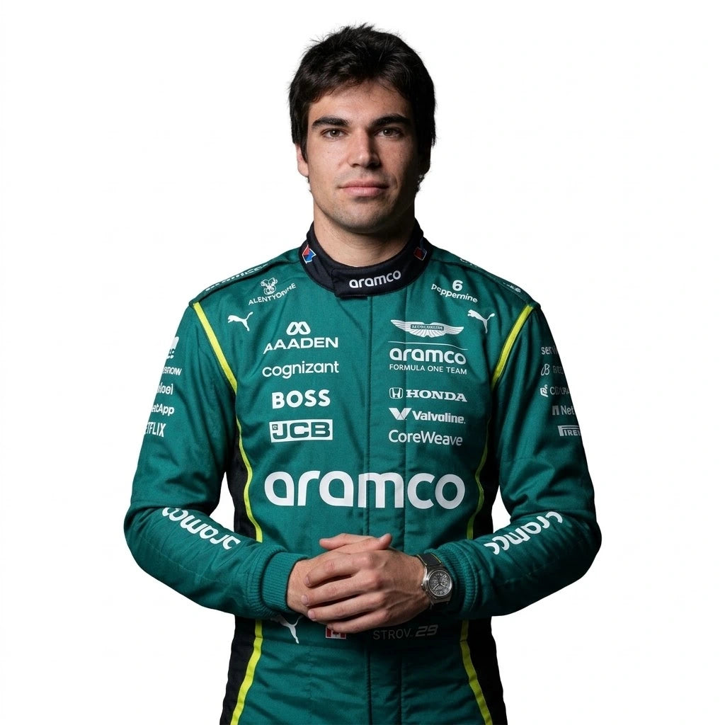 2026 Lance Stroll Aston Martin F1 race suit front view in British racing green with Canadian flag belt detail and Aramco logo