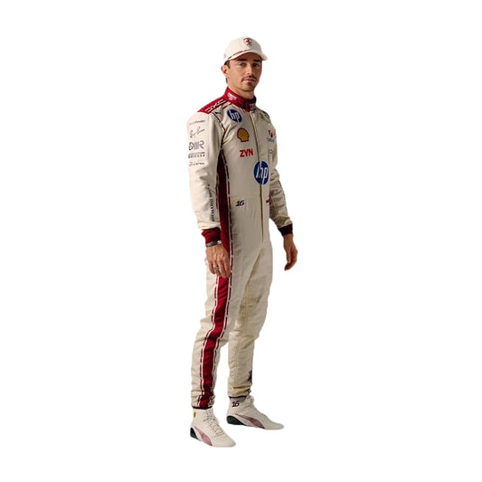 Person wearing a racing suit with various sponsor logos on a white background