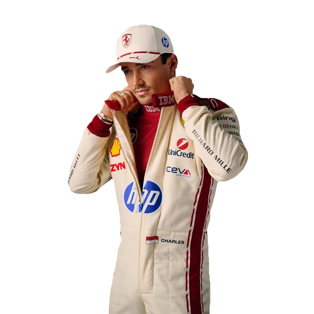 2026 Charles Leclerc Ferrari Special Edition F1 Race Suit in cream off-white featuring burgundy side stripes, HP sponsor logos, and driver number 16