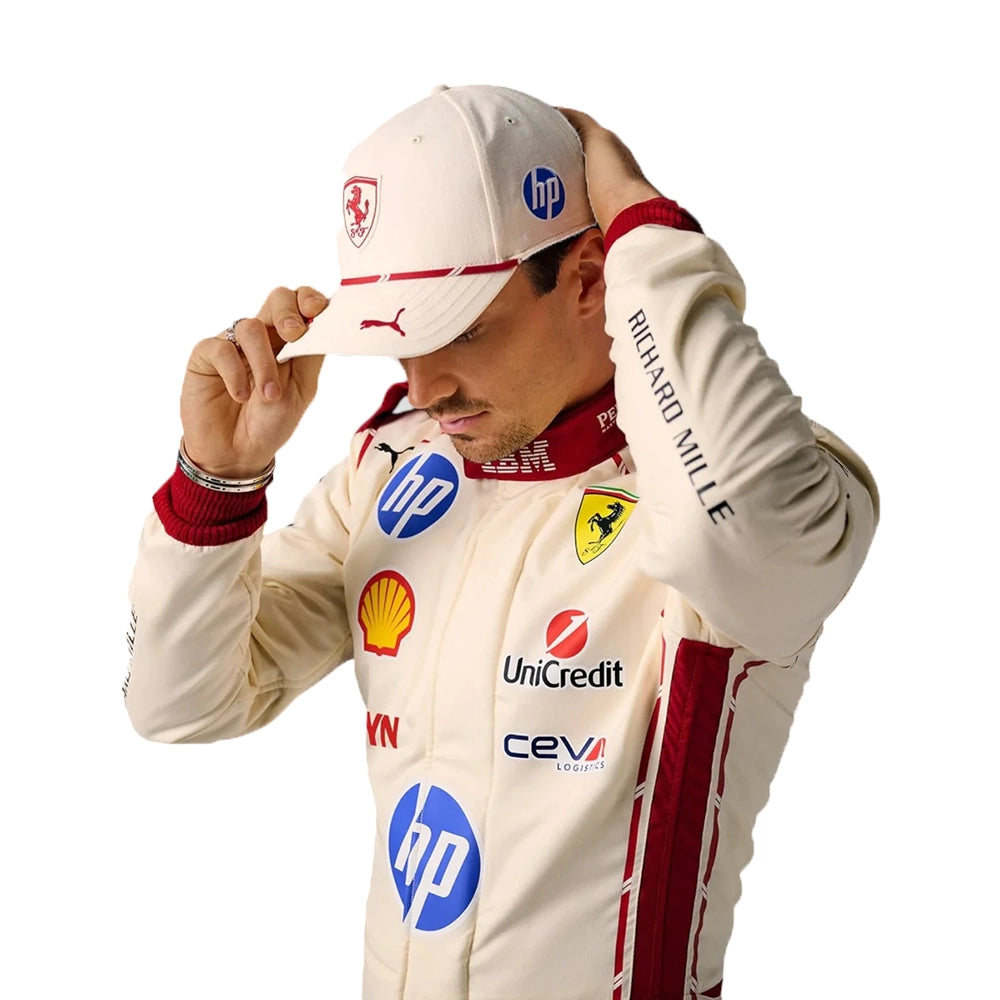 2026 Charles Leclerc Ferrari Special Edition F1 Race Suit in cream off-white featuring burgundy side stripes, HP sponsor logos, and driver number 16