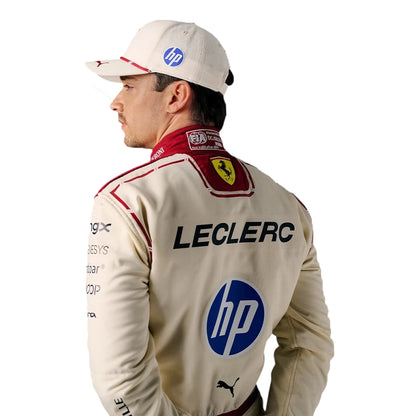 2026 Charles Leclerc Ferrari Special Edition F1 Race Suit in cream off-white featuring burgundy side stripes, HP sponsor logos, and driver number 16