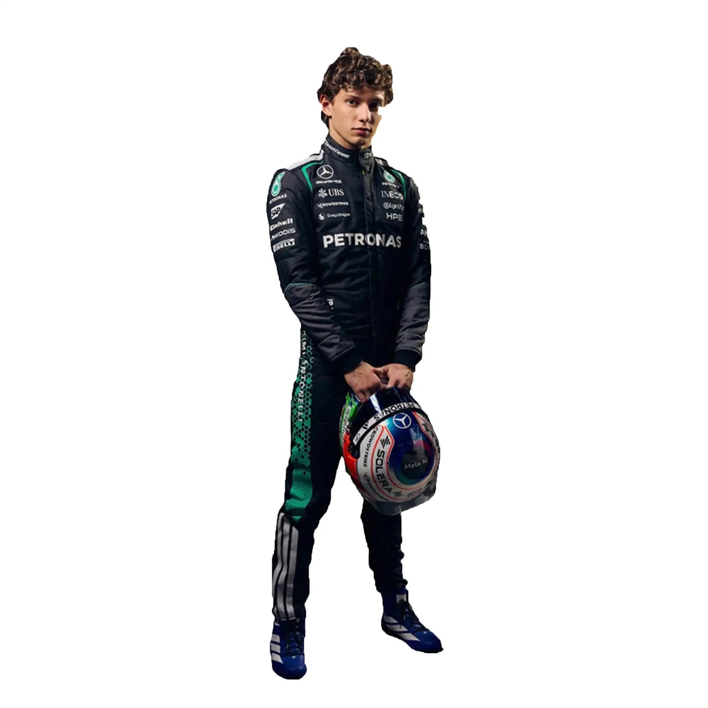Person wearing a racing suit with Petronas branding holding a helmet on a white background